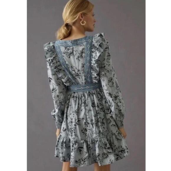 womens anthropologie blue pattern wrap long sleeve dress size XXS $170 - Picture 2 of 9